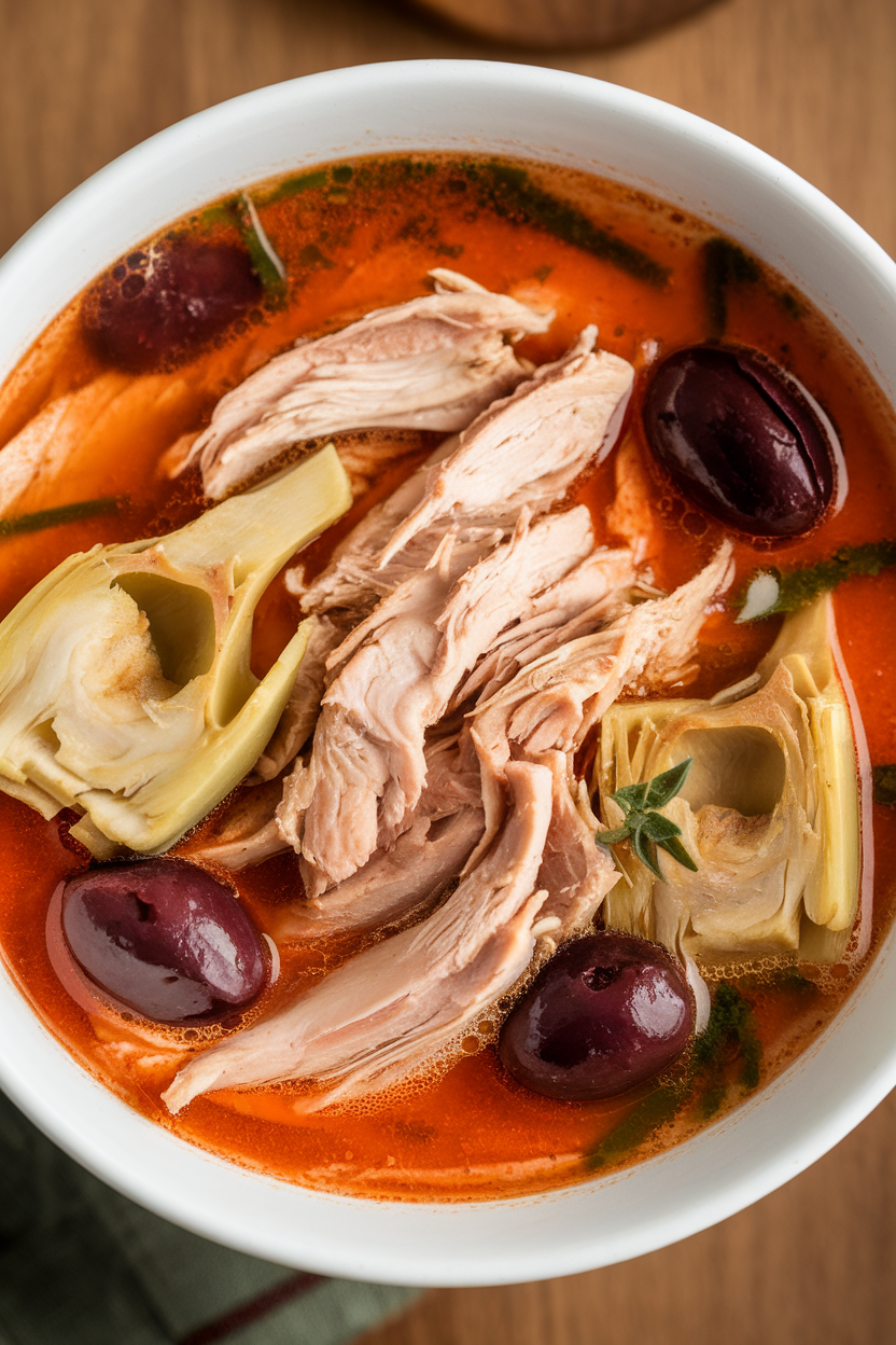 Indoor photo of shredded chicken, artichoke hearts, and Kalamata olives in a light tomato broth, garnished with oregano, no text or logos.