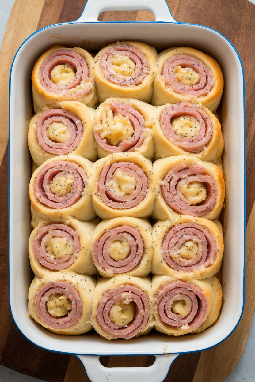 An indoor casserole dish with pull-apart sweet rolls layered with ham and Swiss, poppy seed butter glaze on top, no logos.