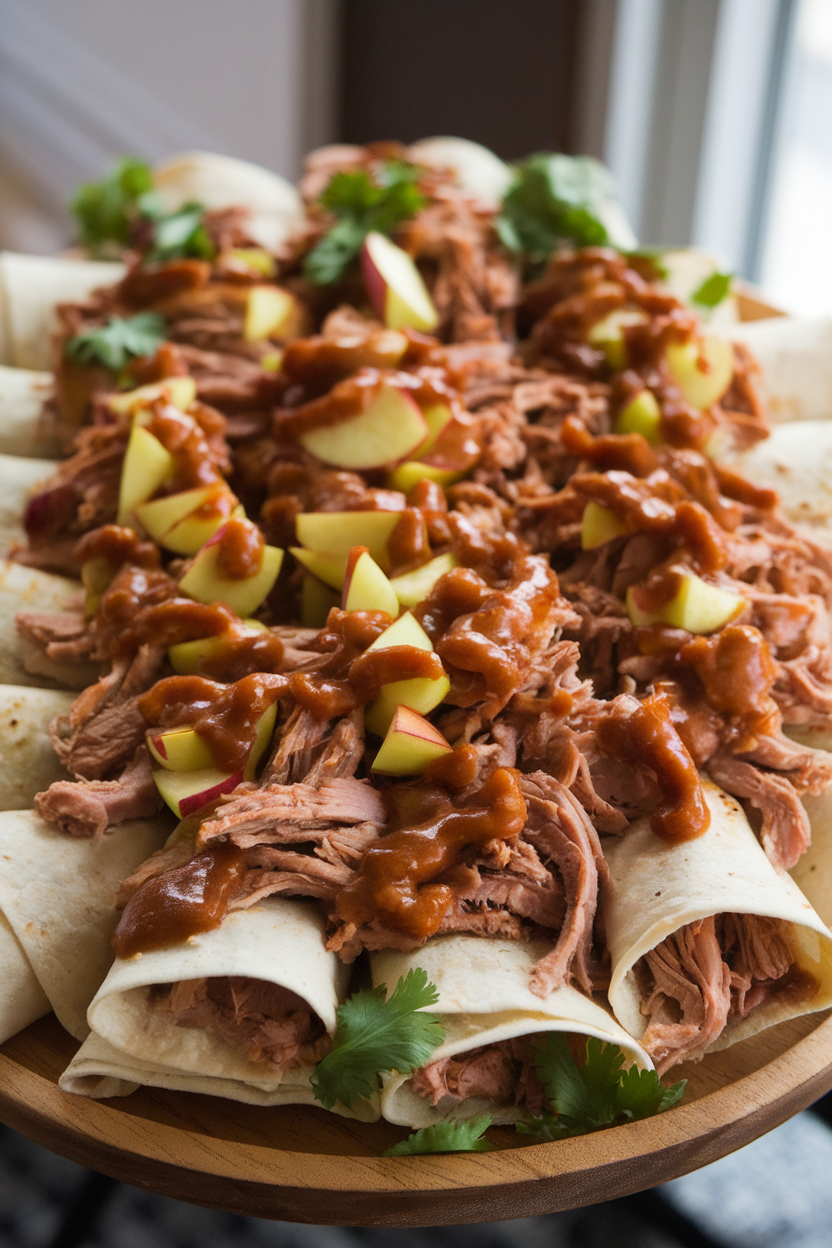 An indoor platter of shredded pork and diced apples rolled in tortillas, topped with smoky chipotle sauce, no text or logos.