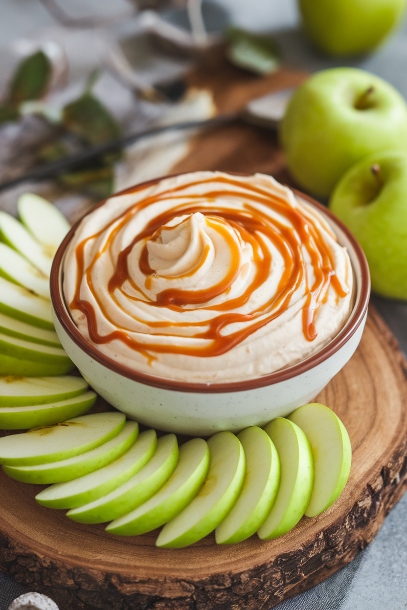 Indoor bowl of caramel apple cheesecake dip swirled with caramel sauce, sliced green apples fanned beside it; no logos. Photo, not illustration.