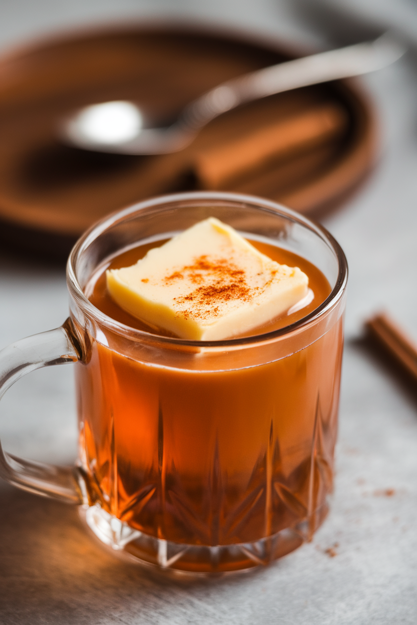 Indoor photo of a clear glass mug with amber hot buttered rum, pat of spiced butter melting on top, no text or logos