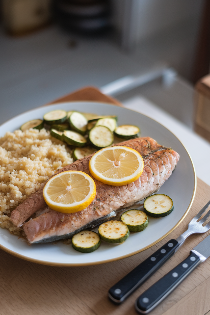 Indoor photo showing baked trout fillet with lemon slices, fluffy bulgur, and coin-cut sautéed zucchini on a plate. No text or logos.
