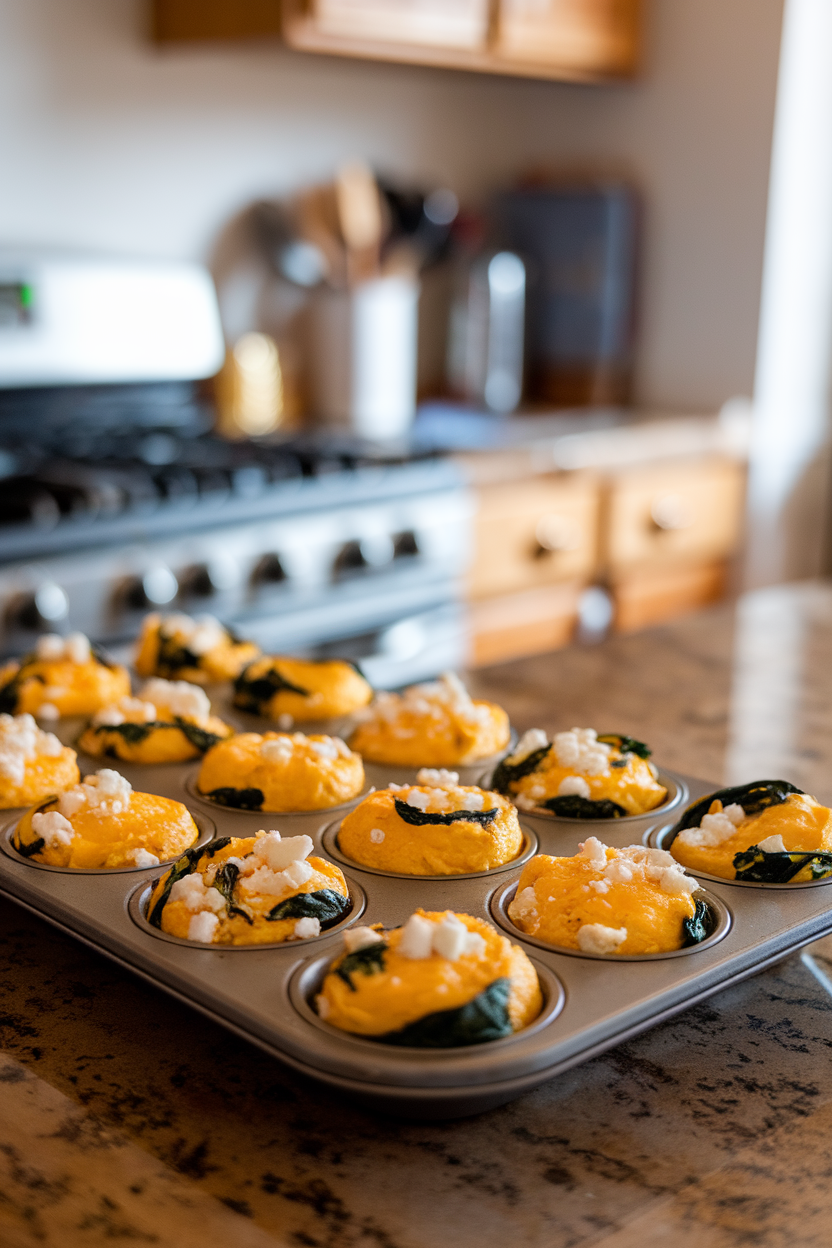 An indoor kitchen island with a muffin tin filled with golden mini egg muffins dotted with spinach, bell pepper, and feta crumbles. No text or logos present.