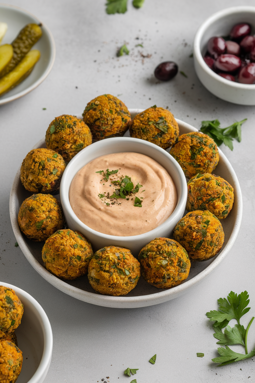 Indoor photo of mini falafel balls arranged around a bowl of creamy tahini sauce, garnished with parsley. No text or logos.