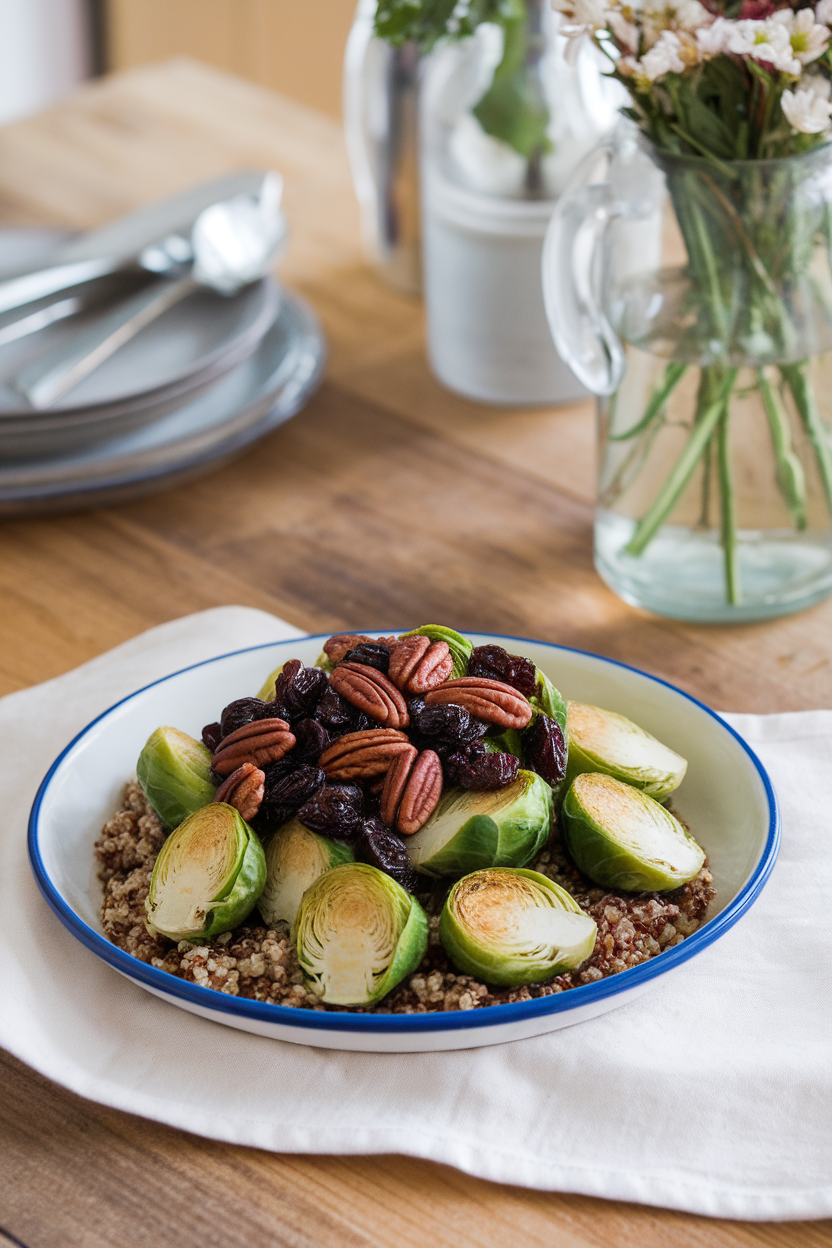 Photo of an indoor wooden table featuring roasted Brussels sprout halves on quinoa, topped with dried cherries and toasted pecans. No text or logos.