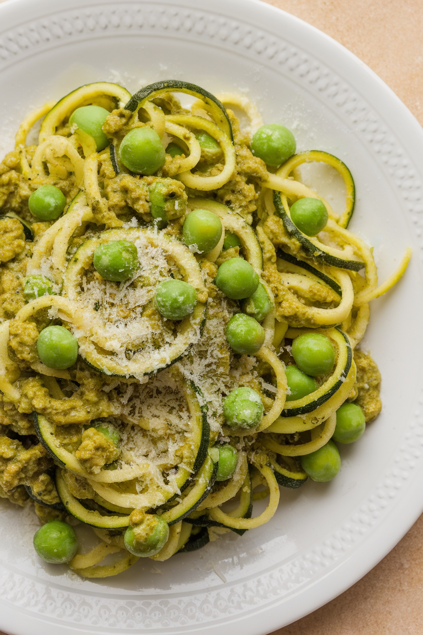 An indoor plate containing spiralized zucchini noodles coated in green pesto and dotted with bright peas, sprinkled with grated Parmesan. No text or logos.