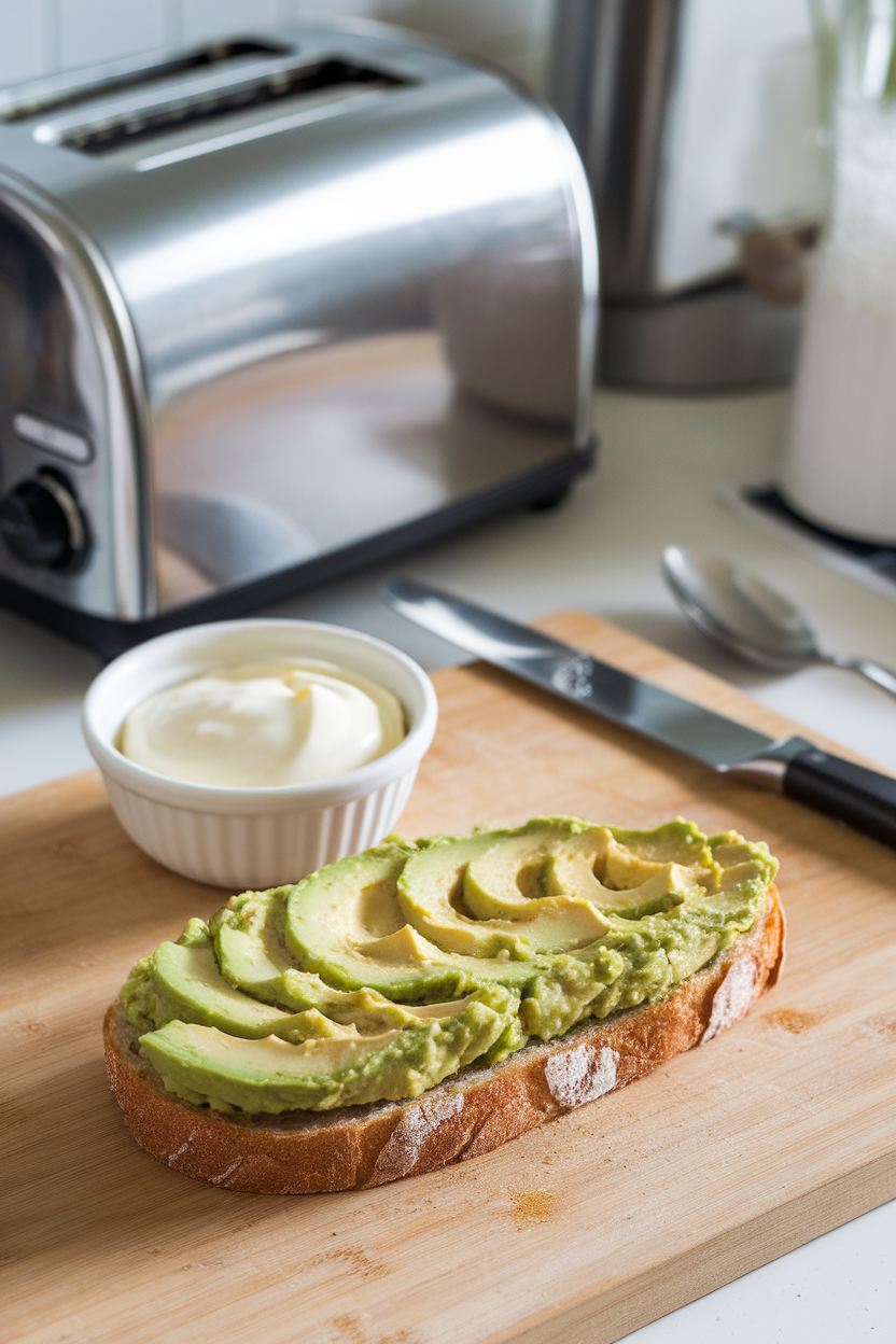An indoor kitchen counter with mashed avocado spread on toast beside a small bowl of mayo for comparison; no text or logos; photo