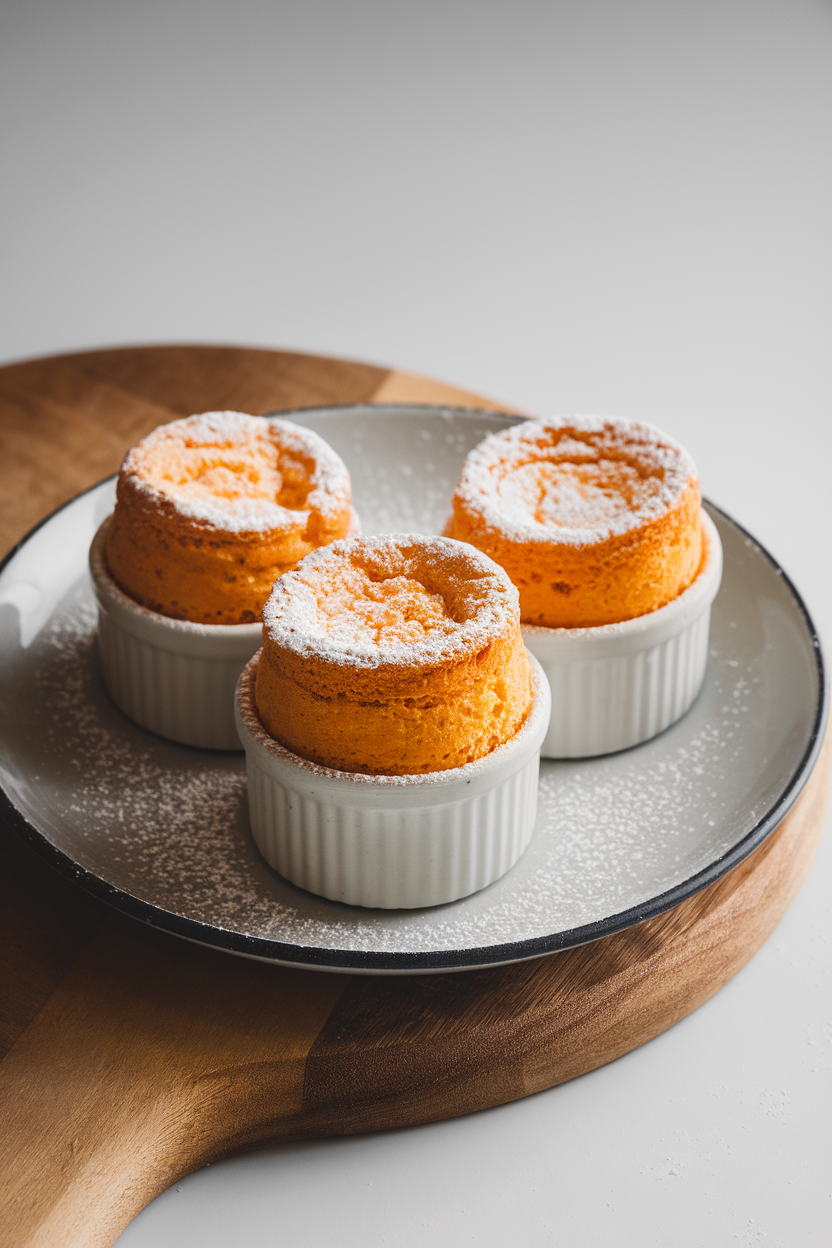 An indoor oven-to-table scene featuring small ramekins with puffed orange soufflés dusted lightly with powdered sugar—no text or logos; photo, not illustration