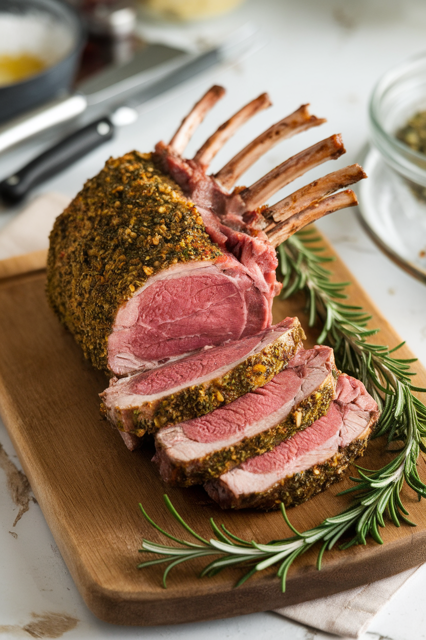 Indoor photo of a sliced rack of lamb with a green herb crust, arranged on a board with rosemary sprigs; no text or logos