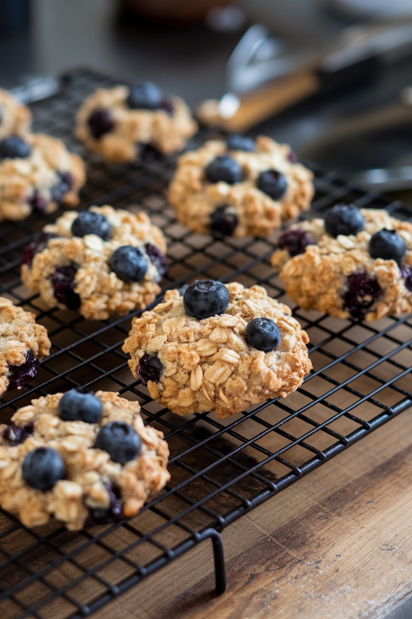 Photo of rustic oat cookies dotted with blueberries on a cooling rack indoors. No text or logos. Photo, not illustration.