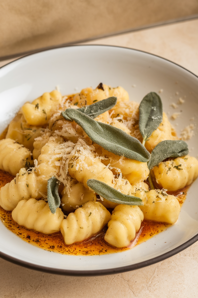 Indoor photo of potato gnocchi sautéed in sage brown butter, garnished with grated Parmesan. No text or logos.