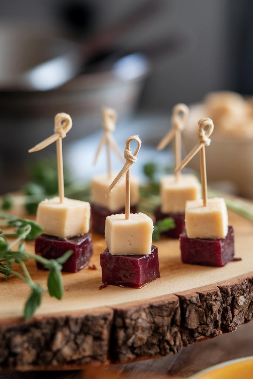 Indoor photo of small toothpick stacks of manchego cubes and ruby quince paste squares on a wooden board. No text or logos.