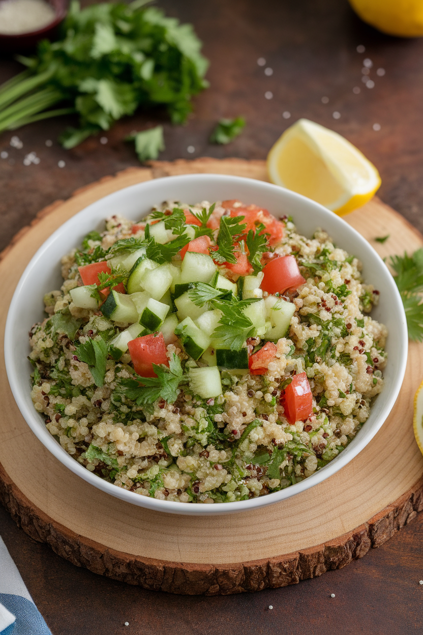 An indoor dish of bright tabbouleh made with quinoa, chopped parsley, cucumber, and tomato, lemon wedge on side. No text or logos. Photo only.