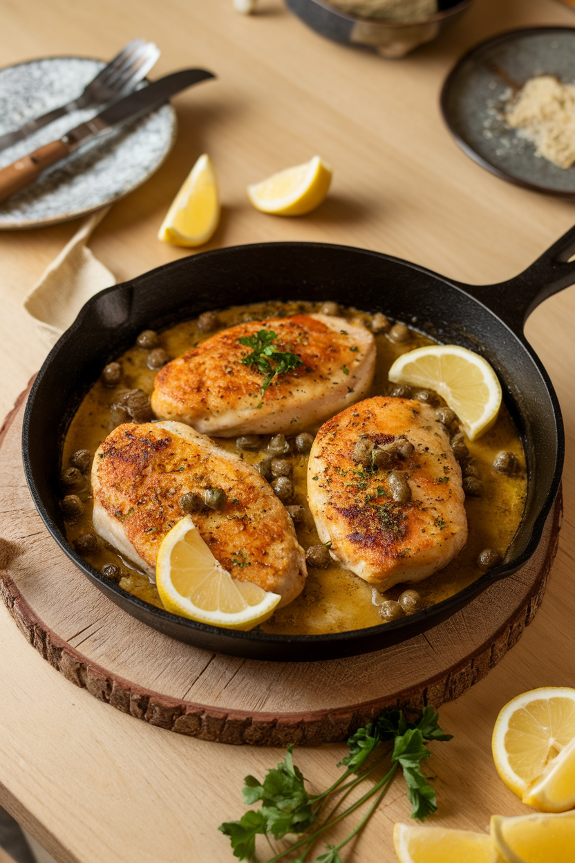 An indoor dining table showcasing a skillet of chicken cutlets in lemon-capers sauce with parsley garnish. No text or logos. Photo only.