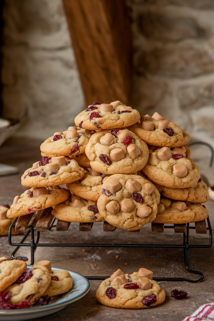 Indoor rack of golden cookies studded with tan caramelized white chocolate chunks and dried cranberries. Photo, no text or logos.