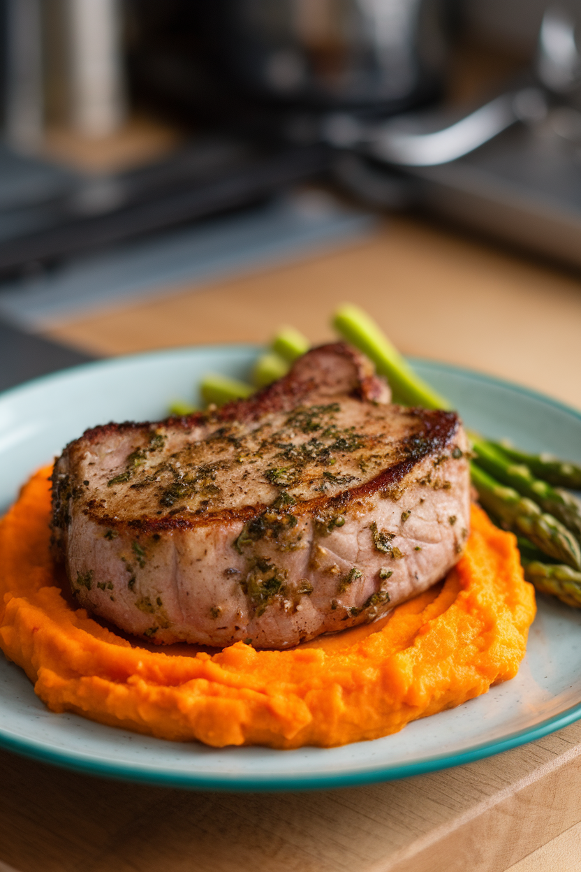 Indoor photo of a seared pork chop with herb crust, orange sweet potato mash, and bright green asparagus spears on a plate. No text or logos.