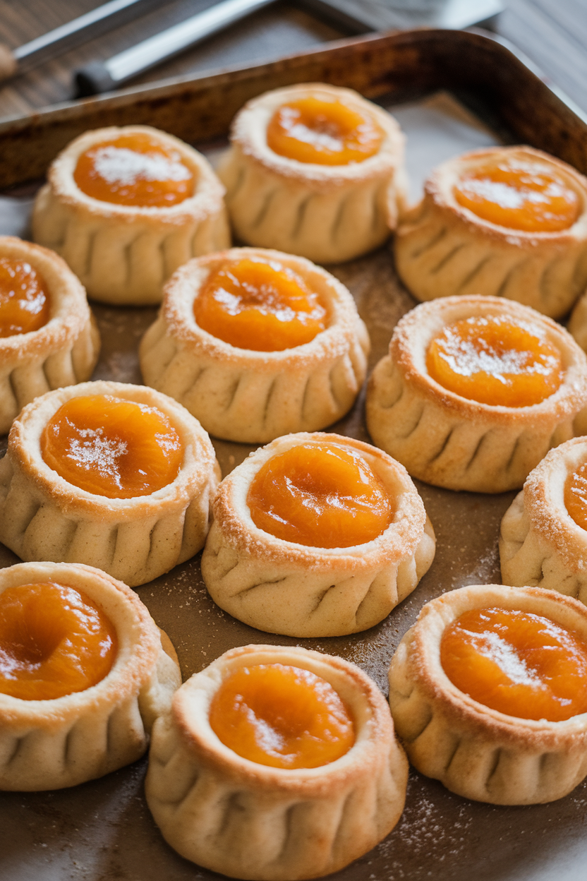 Indoor baking sheet with pillowy kolache pastries topped with bright apricot jam centers. Photo, no text or logos.