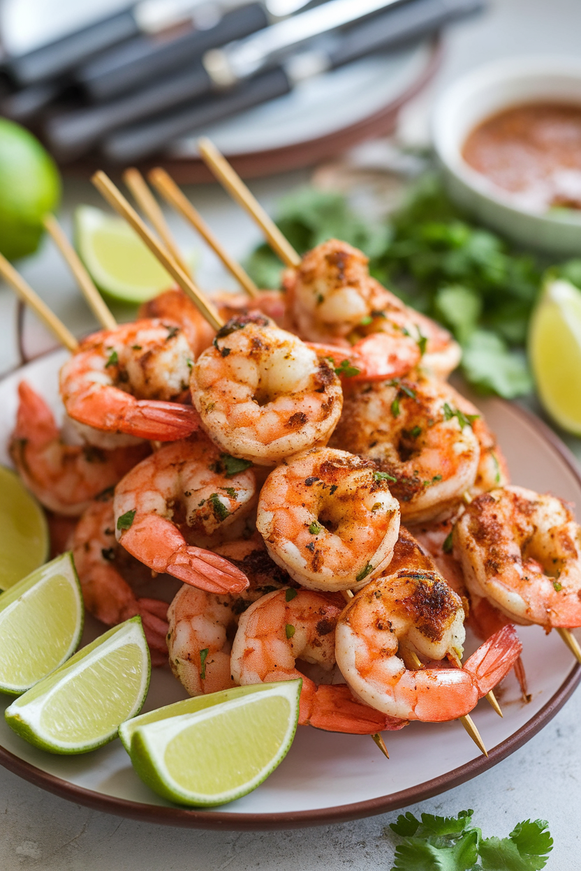 Photo of an indoor platter with short skewers of cooked jerk-seasoned shrimp, lime wedges and chopped cilantro scattered around; no text or logos.