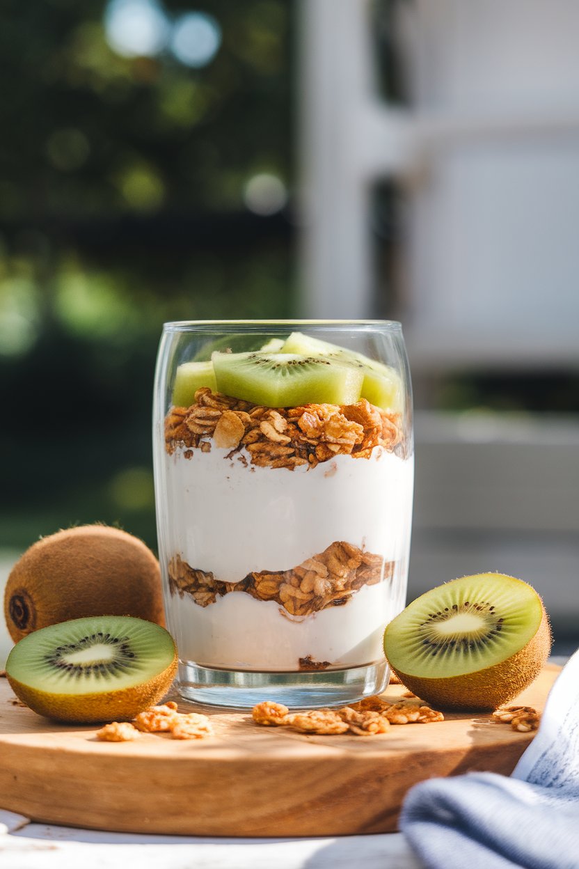 Indoor tabletop shot of a clear glass layered with coconut yogurt, granola, and kiwi slices; bright natural light, no text or logos.