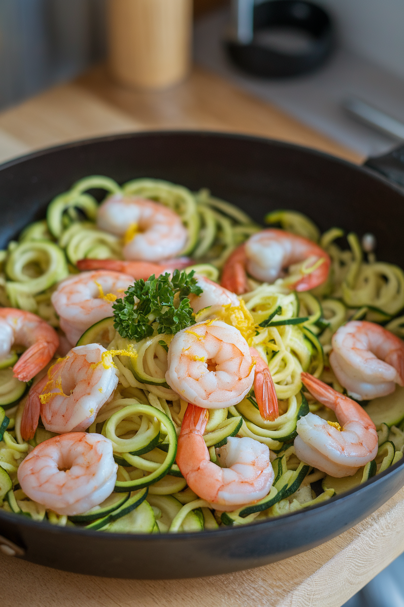 Indoor skillet with cooked shrimp tossed with zucchini noodles, lemon zest visible, parsley garnish; no raw fish, no text or logos, photo style.