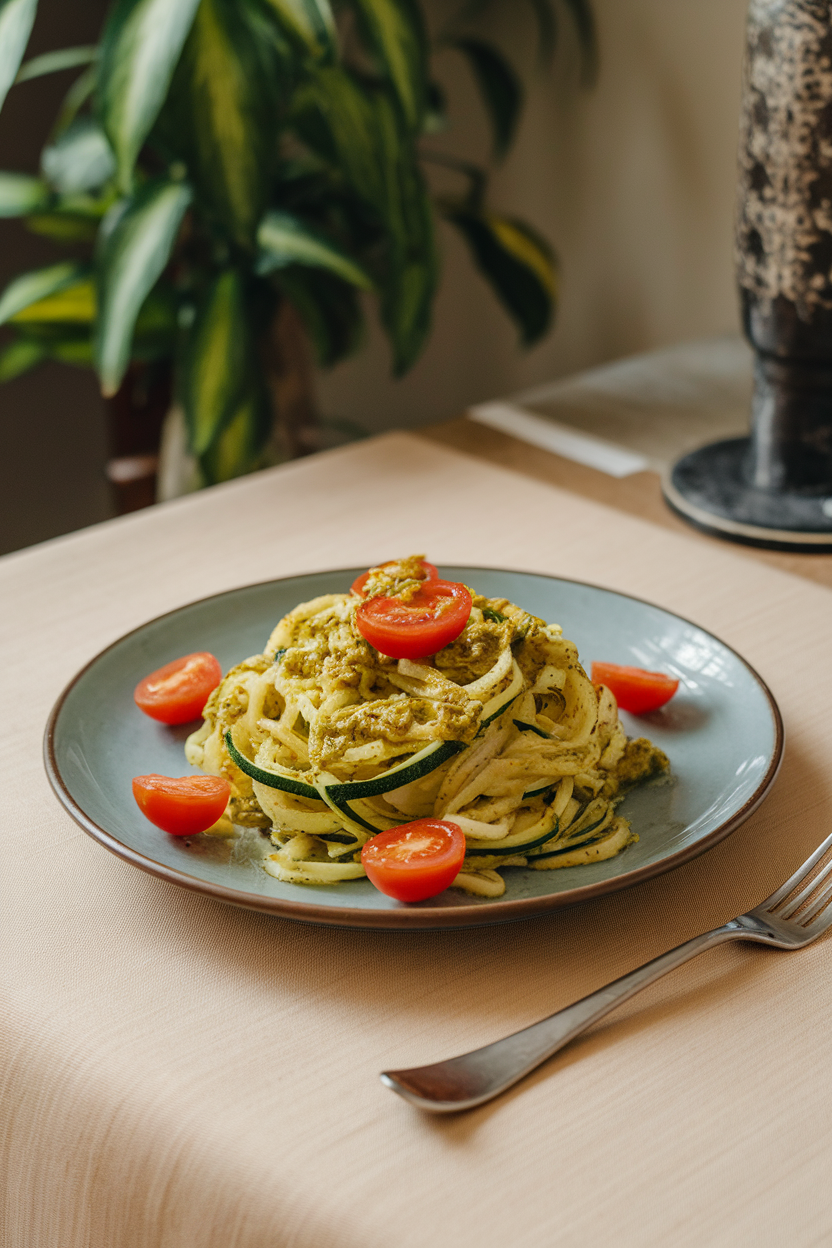 A plate of zucchini noodles glistening with pesto and studded with cherry tomato halves on an indoor dinner table. No text or logos. Photo only.