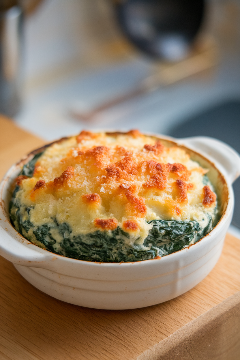 Indoor photo of bubbling creamed spinach with a golden Parmesan crust in a small gratin dish, no text or logos.