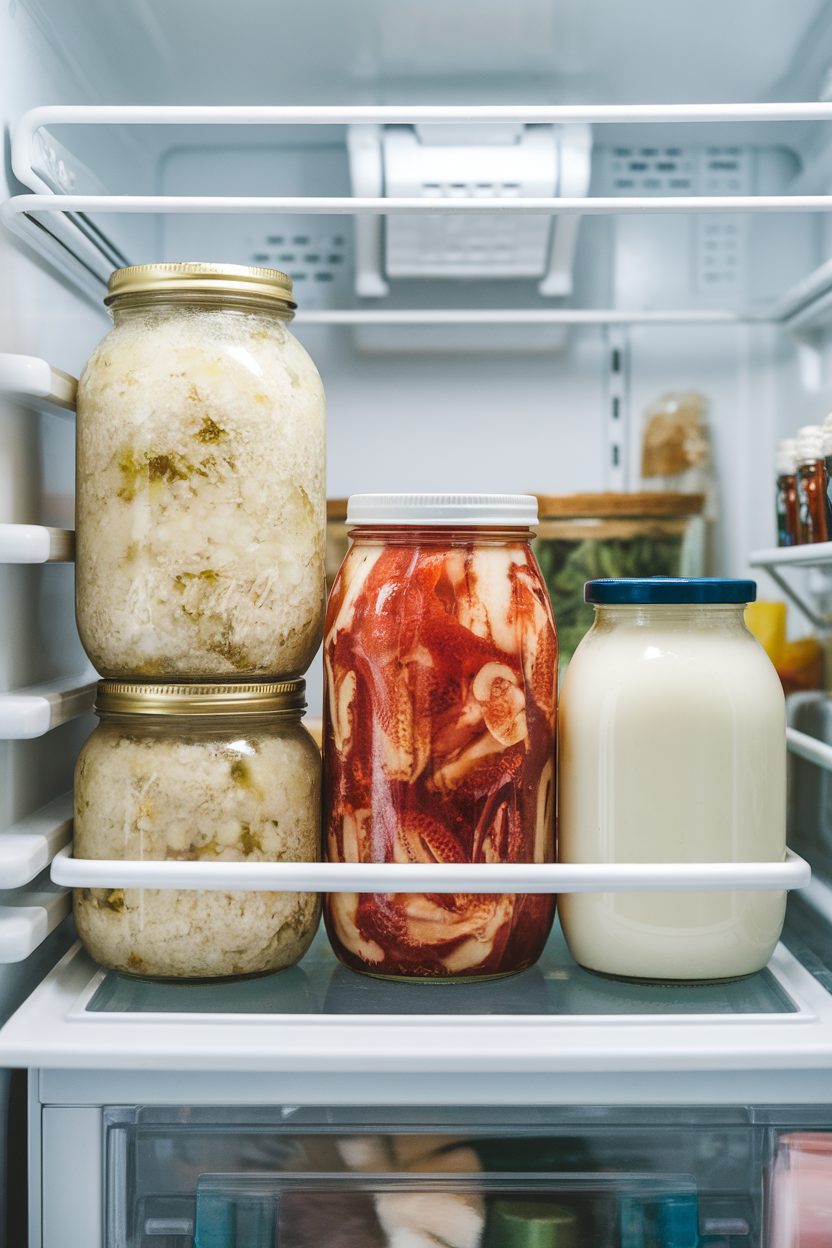 Indoor refrigerator shelf with jars of sauerkraut, kimchi, and plain kefir—photo.