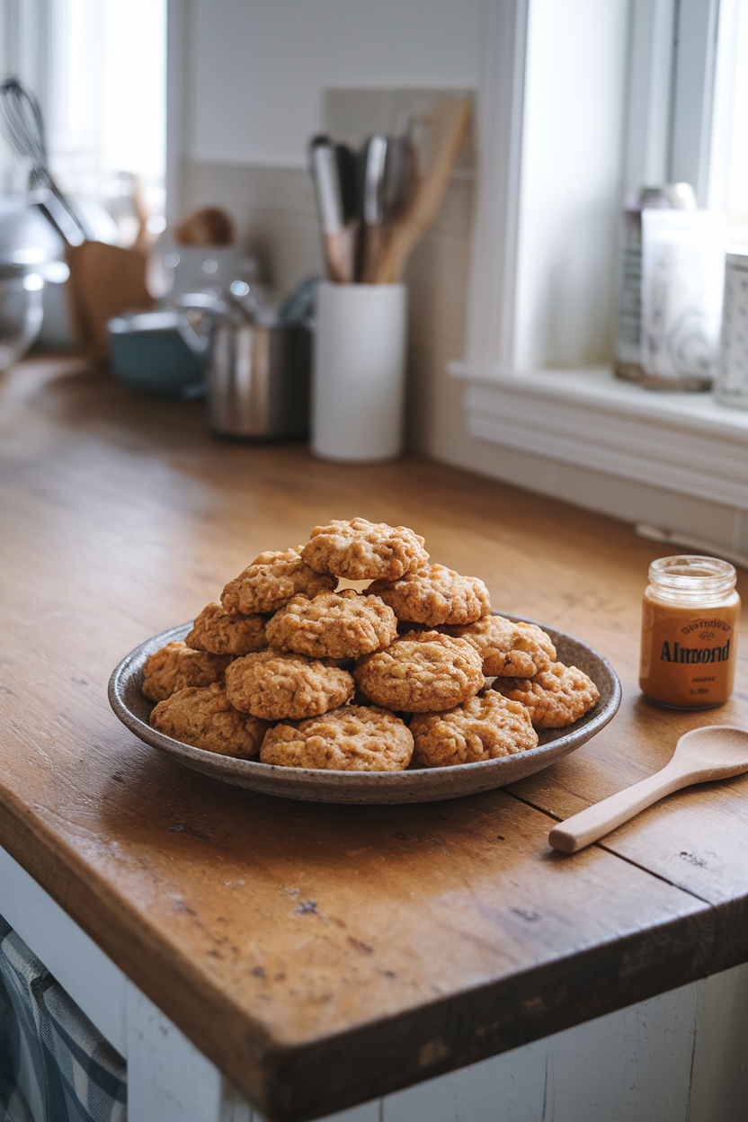 Photo prompt: An indoor kitchen counter with a rustic ceramic plate piled high with golden almond-butter oatmeal cookies, a small jar of almond butter and a wooden spoon nearby, soft window light, no text or logos.