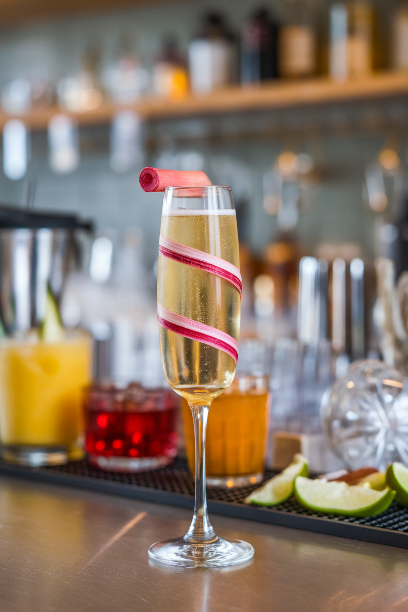 An indoor craft bar scene with a flute of golden Champagne, rhubarb ribbon spiraling inside. Photo, not illustration. No text or logos.