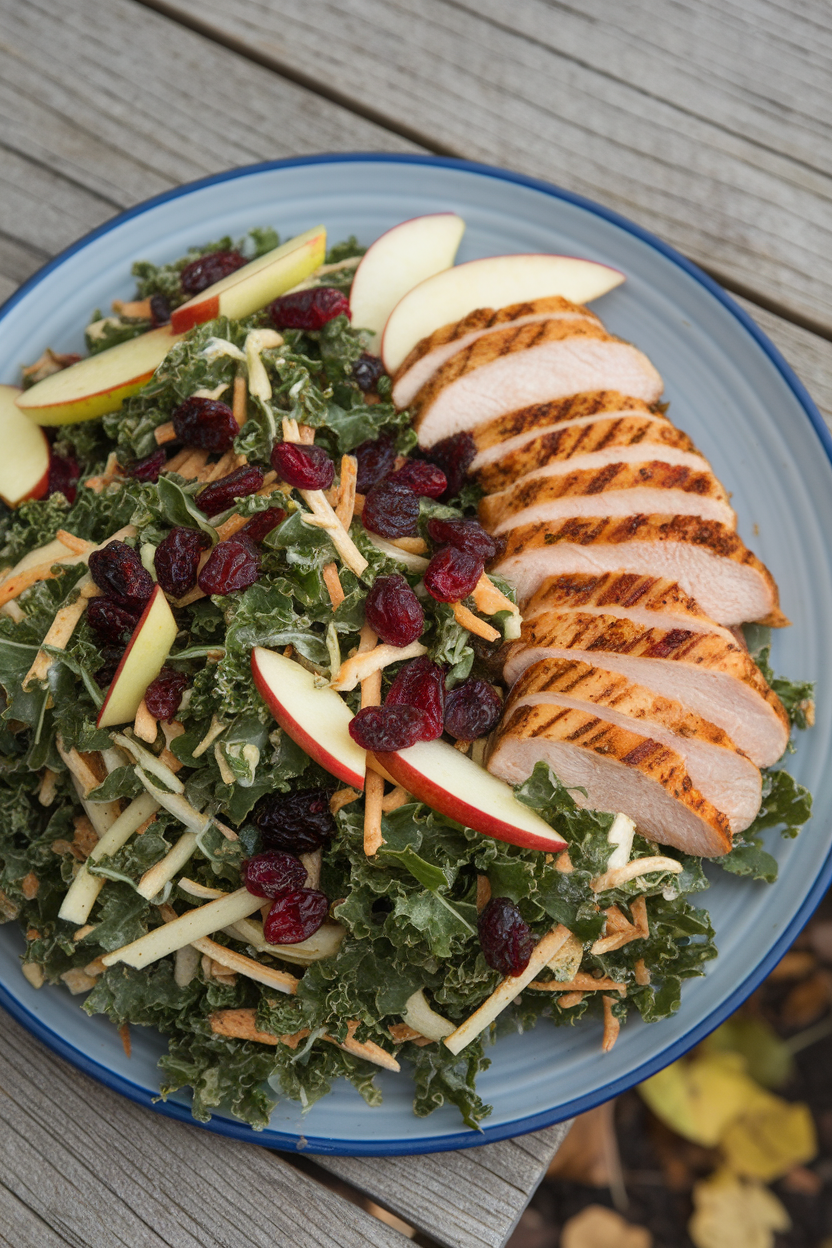 Indoor photo of shredded kale slaw with dried cranberries, apple matchsticks, and sliced grilled chicken on a wide plate. No text or logos.