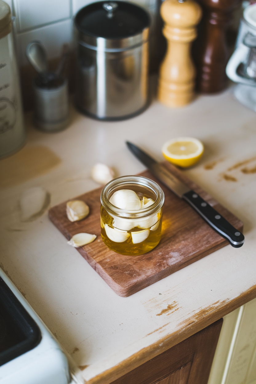 Photo, indoor kitchen counter featuring a small glass jar of peeled garlic submerged in olive oil, soft overhead light, no logos.