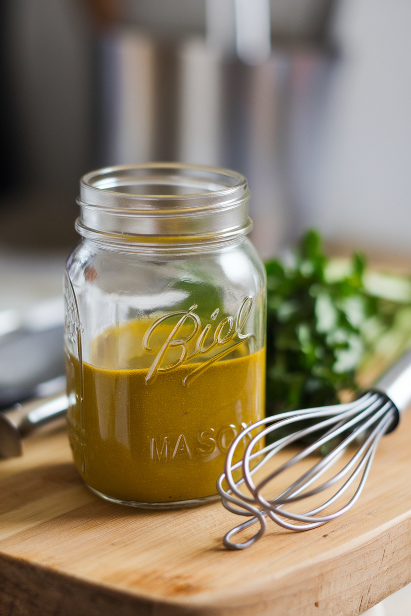 Photo of an indoor mason jar vinaigrette with olive oil, vinegar, and Dijon mustard next to a whisk and fresh herbs. No text or logos on jar.