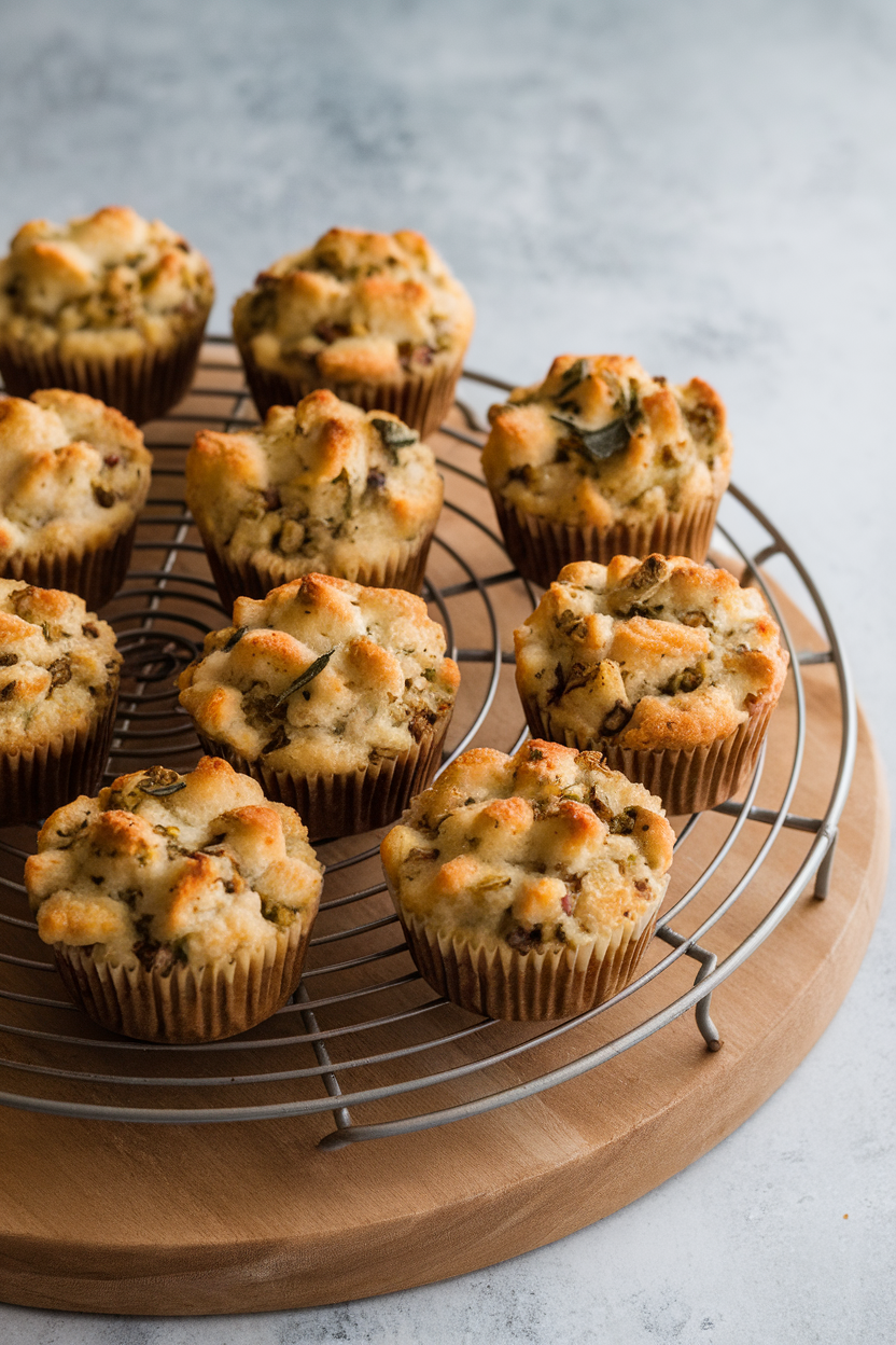 An indoor cooling rack lined with individual stuffing muffins, tops crisp and golden, flecks of sage visible. No text or logos. Photo.