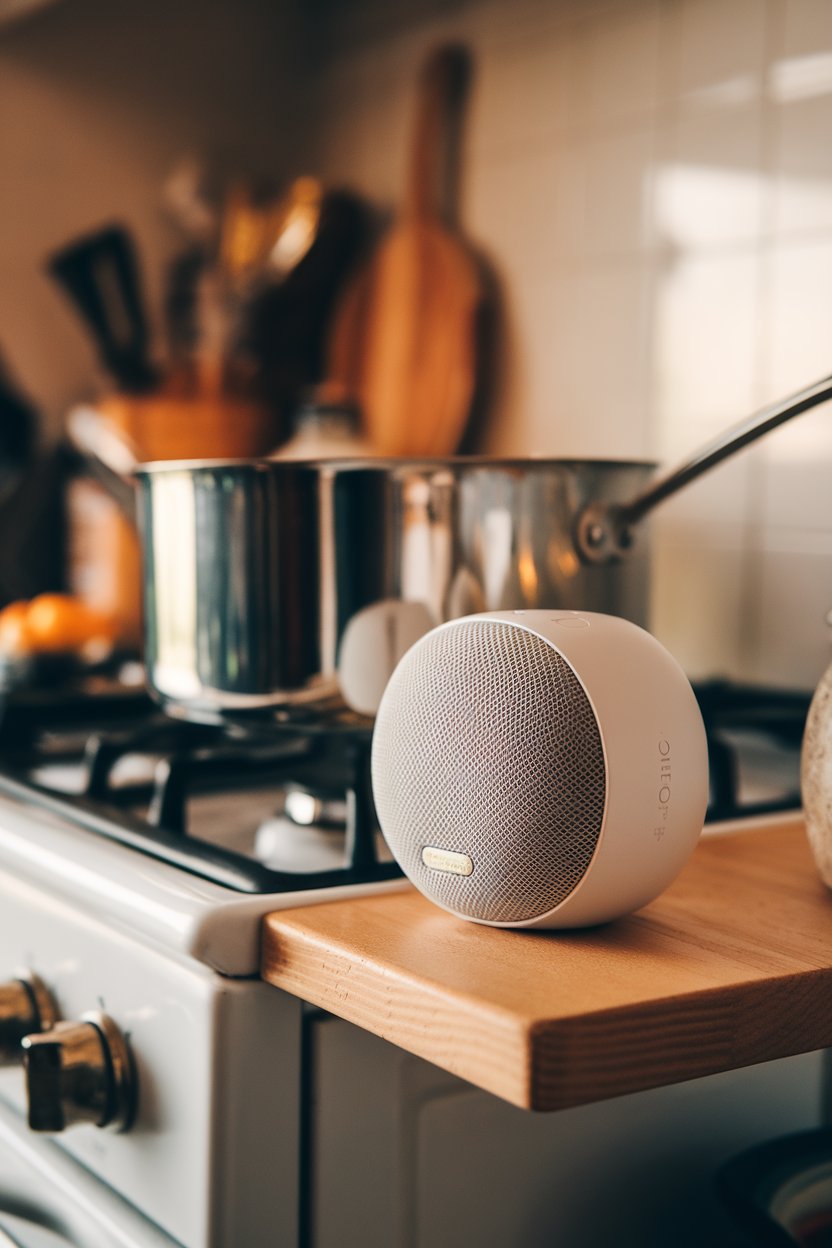 Photo of a Bluetooth speaker on a kitchen shelf beside a simmering pot. Warm indoor lighting, no text or logos.