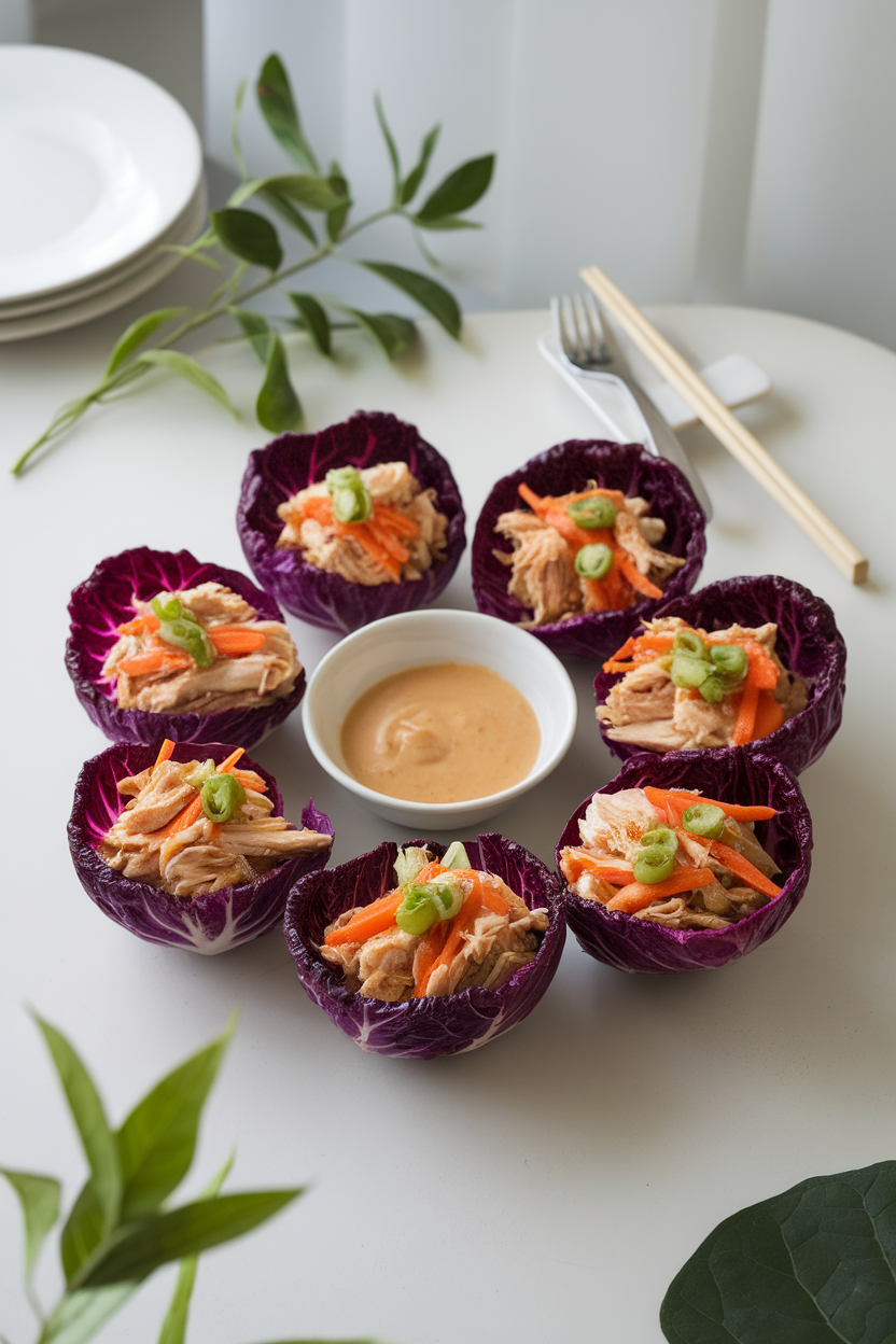 Photo of an indoor table displaying purple cabbage cups filled with shredded chicken, carrots, and a peanut-lime dressing. No text or logos present.