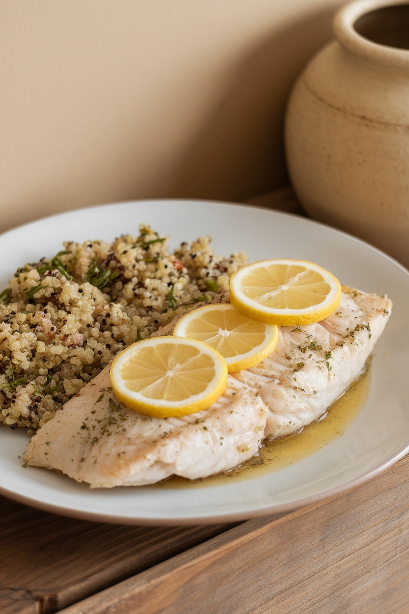 Indoor photo of flaky tilapia fillet topped with lemon slices beside herbed quinoa pilaf on a white plate. No text or logos.