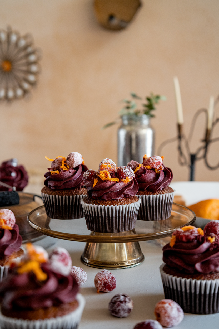 Photo of indoor tasting room table with cupcakes topped by deep burgundy frosting and sugared cranberries scented with orange zest, no text or logos.