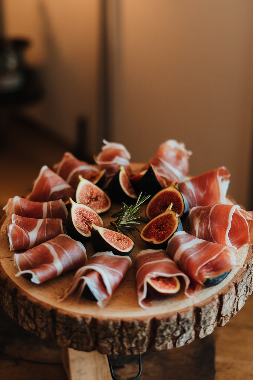 Indoor photo of ripe fig halves wrapped in thin prosciutto slices, placed on a rustic wooden board with rosemary garnish. No text or logos.