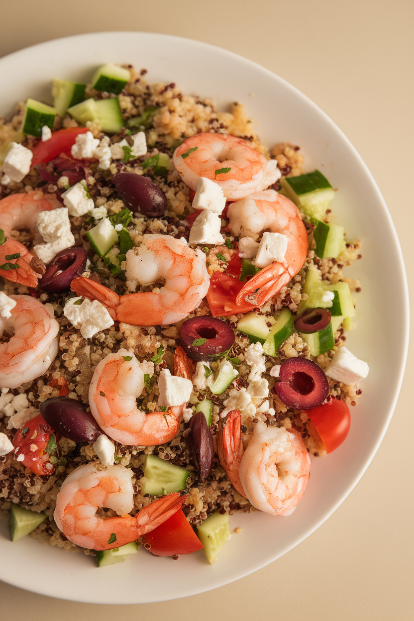 Indoor photo of cooked shrimp tossed with quinoa, chopped cucumber, tomato, olives, and crumbled feta, finished with oregano. Warm overhead lighting, no text or logos.