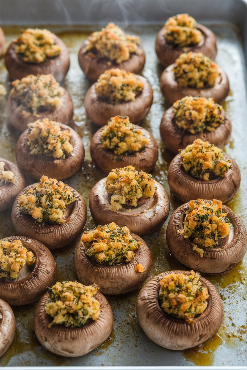 Indoor photo of a baking sheet filled with browned cremini mushrooms topped with herbed bread-crumb filling, steam faintly rising. No text or logos.