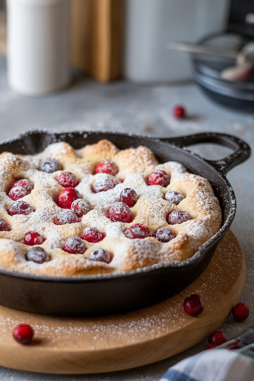 An indoor cast-iron skillet with puffed cranberry clafoutis dusted in powdered sugar, photo, no text or logos.