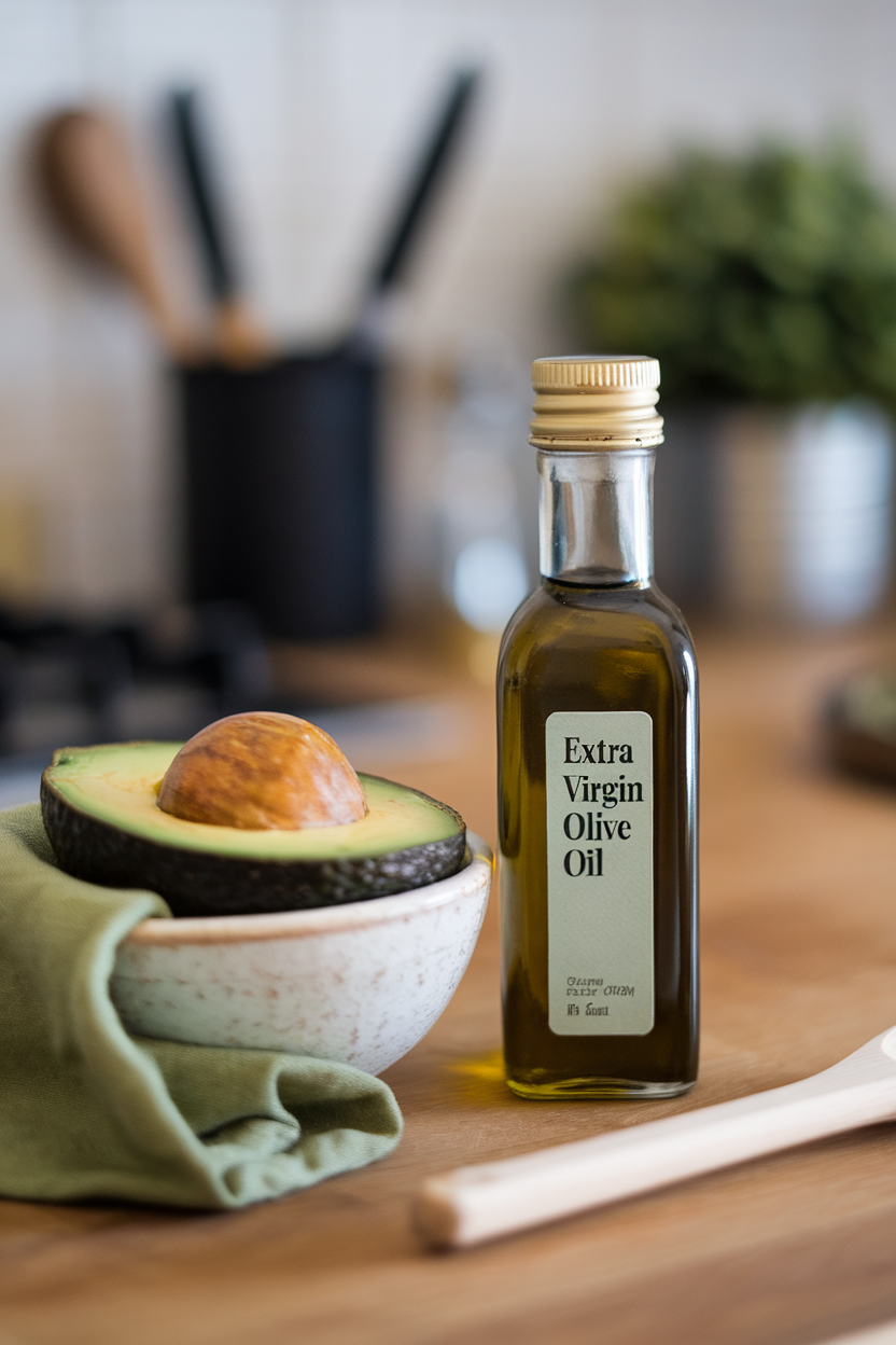 Indoor photo of a small glass bottle of extra-virgin olive oil next to a bowl of sliced avocado on a wooden countertop; no text or logos.