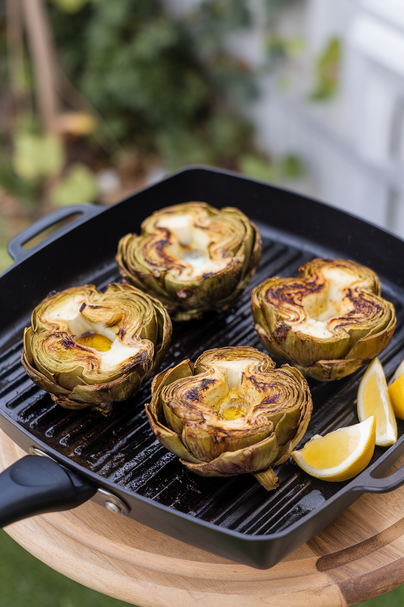 An indoor grill-pan scene with halved cooked artichokes showing light char marks, brushed with garlic herb oil, lemon wedges on the side. No text or logos.