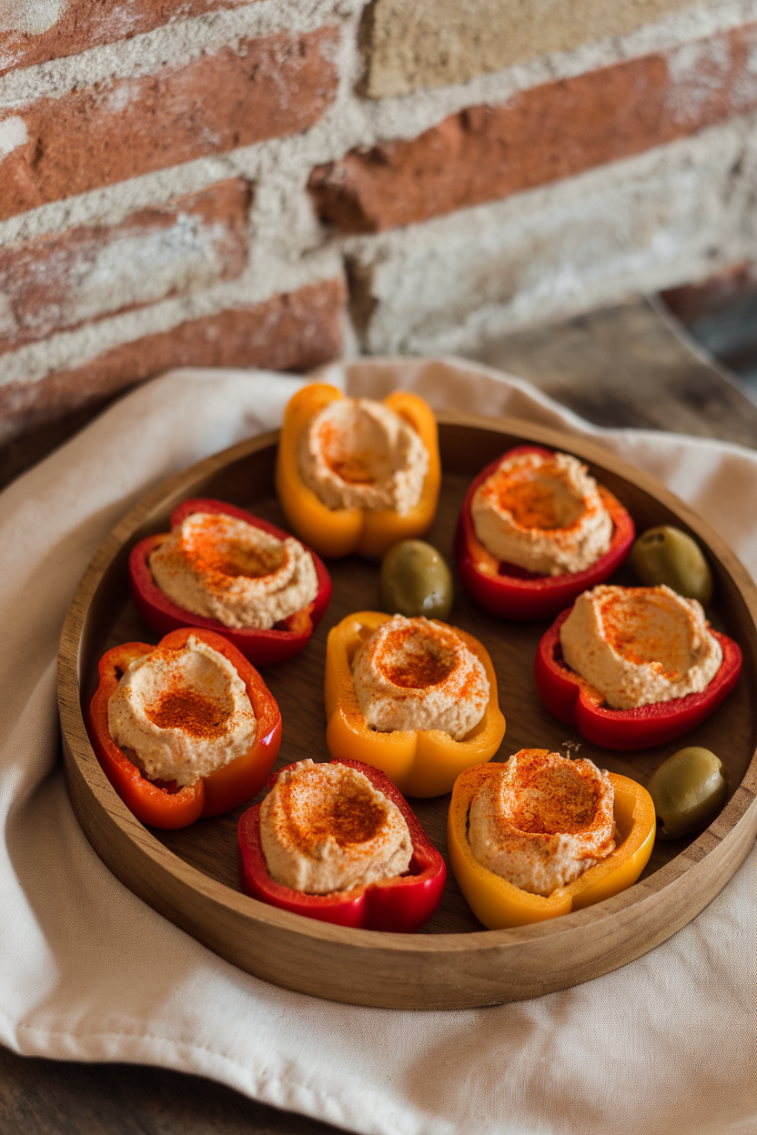 An indoor tray of halved mini sweet peppers generously filled with smooth hummus and sprinkled with paprika—photo, no text or logos.
