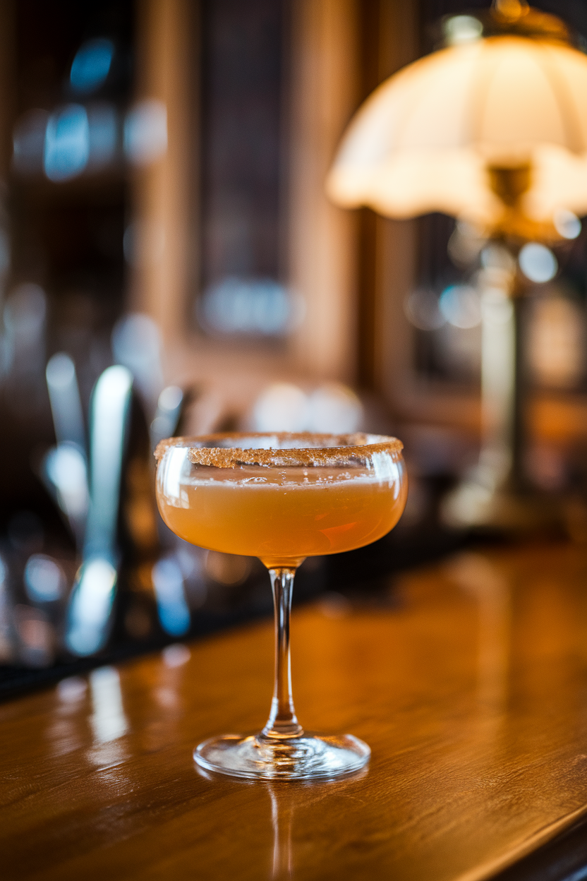 Indoor cocktail bar displaying a coupe glass of apple brandy sidecar, sugared rim catching the light. Photo, no text or logos.