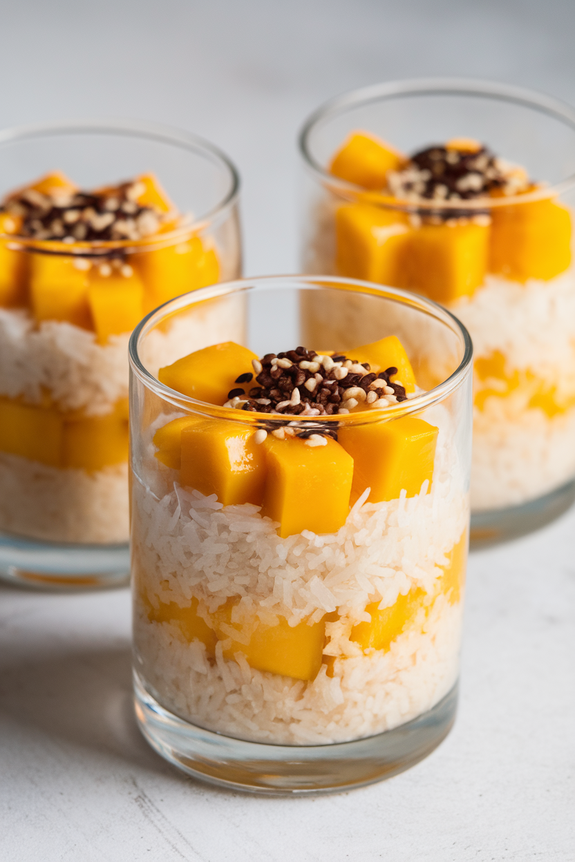 Indoor photo of clear glasses layered with coconut sticky rice, bright mango cubes, and sesame seeds, no text or logos