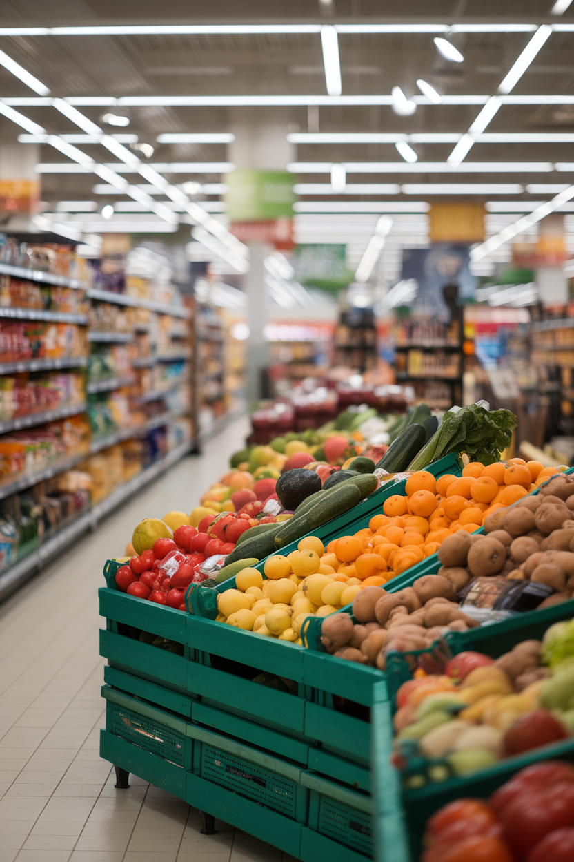 Indoor supermarket aisle photo focusing on colorful produce bins along the perimeter, blurred center aisles in the background. No text or logos. Photo, not illustration.