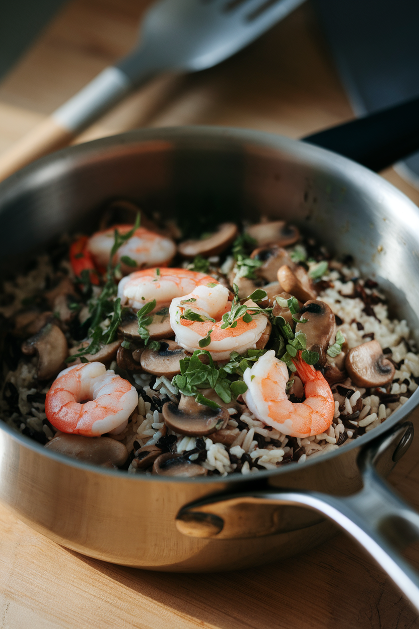 Indoor saucepan photo of wild rice pilaf with sautéed mushrooms, herbs, and cooked shrimp; soft kitchen light, no text or logos.