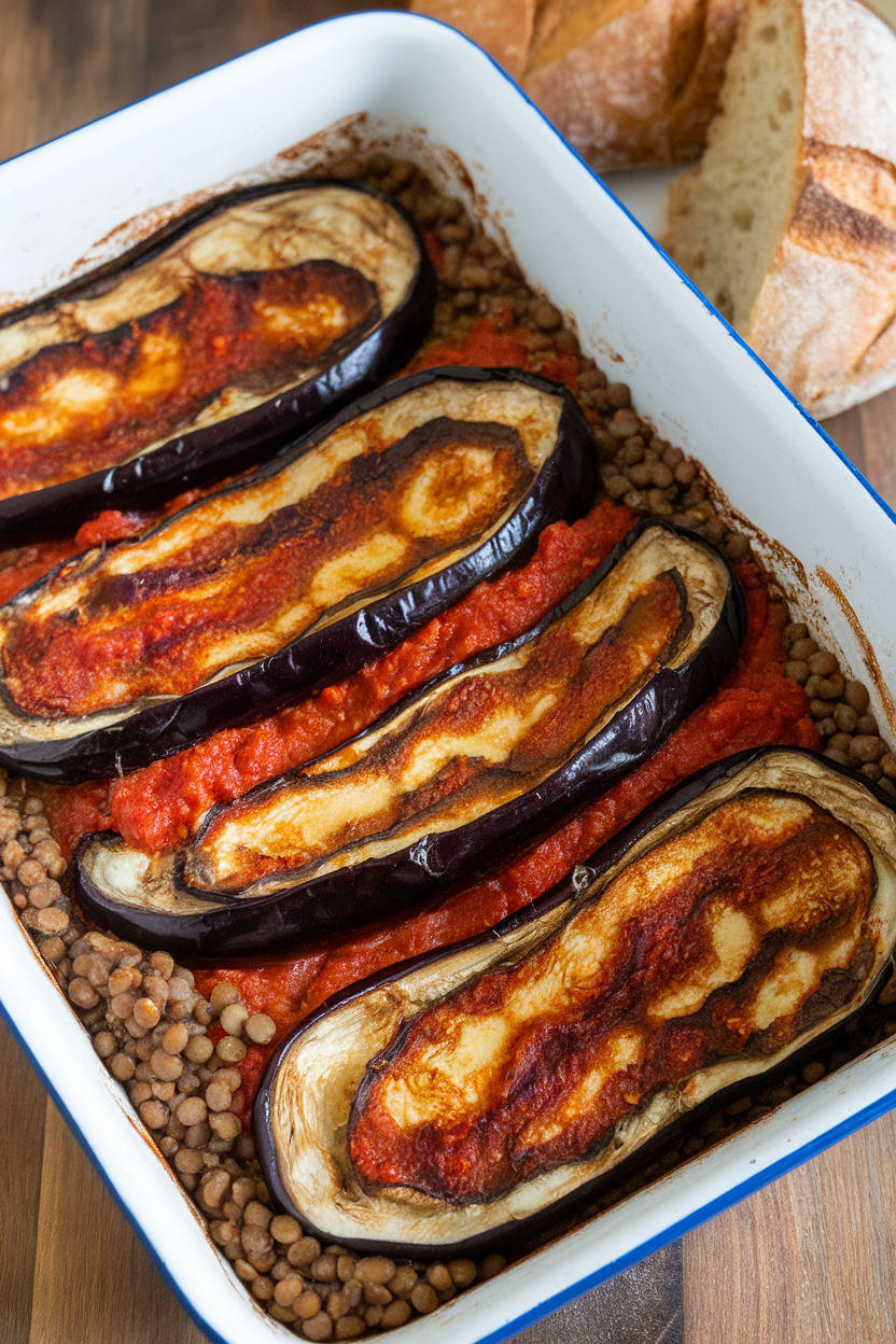 An indoor photo of layered eggplant slices, tomato sauce, and lentils baked in a casserole dish, bubbly edges showing. No text or logos.