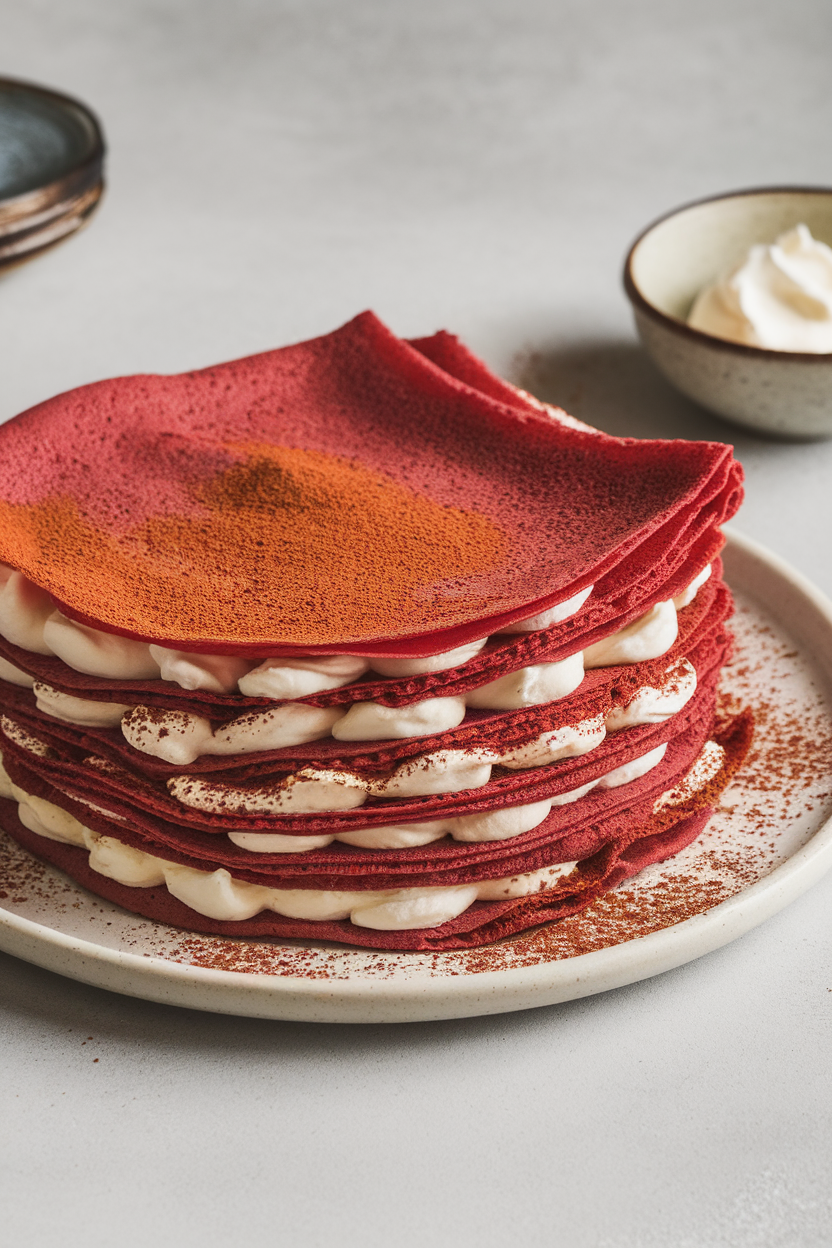 Photo of an indoor stack of thin red crepes filled with mascarpone cream, dusted lightly with cocoa powder. No text or logos visible.
